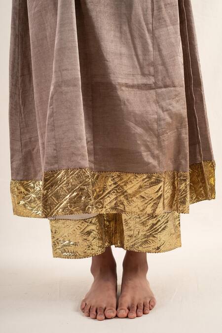 Buy_Priyanka Raajiv_Brown Silk, Chanderi Lace Asymmetric Fiza Embroidered Angrakha Kurta With Pant 
