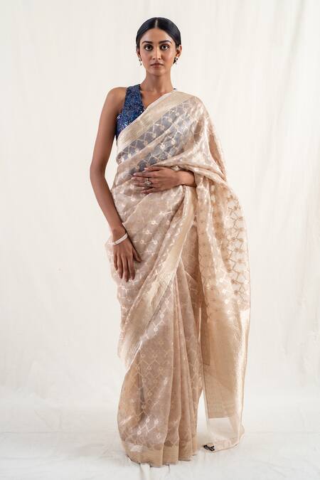Priyanka Raajiv Beige Silk Banarasi Handwoven Ima Pattern Saree With Unstitched Blouse Piece