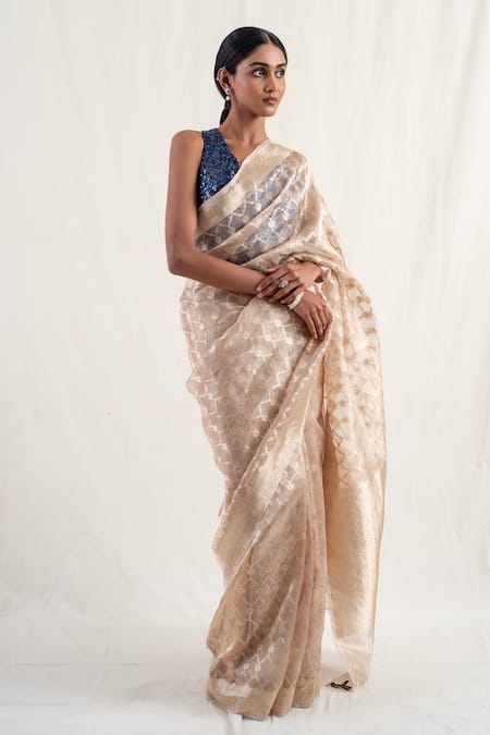 Shop_Priyanka Raajiv_Beige Silk Embroidery Ima Floral Pattern Saree With Unstitched Blouse Piece _Online_at_Aza_Fashions
