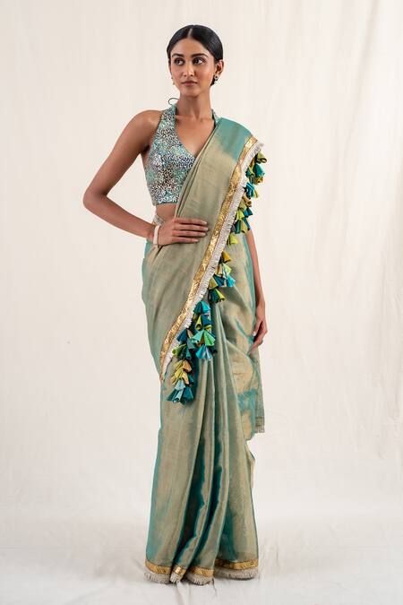 Priyanka Raajiv_Blue Silk Brocade Embroidery Sequins Halter Neck Jahnu Blouse _Online_at_Aza_Fashions