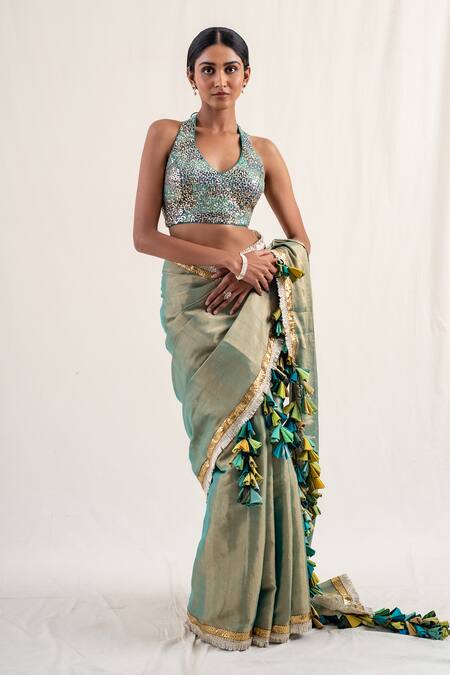 Buy_Priyanka Raajiv_Blue Silk Brocade Embroidery Sequins Halter Neck Jahnu Blouse _Online_at_Aza_Fashions