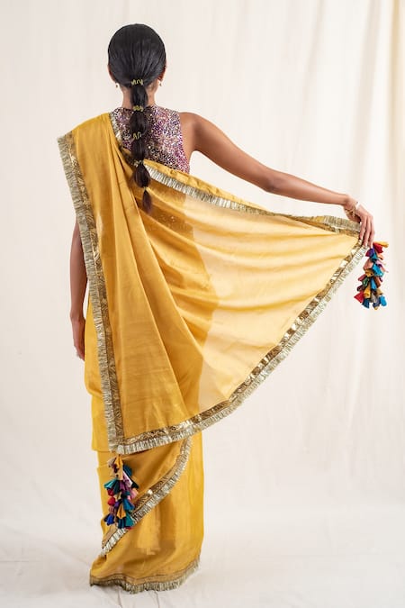 Shop_Priyanka Raajiv_Yellow Silk, Chanderi Tassels Janpath Border Saree With Unstitched Blouse Piece _at_Aza_Fashions