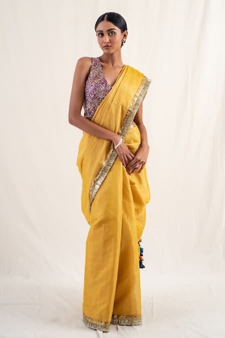 Priyanka Raajiv_Yellow Silk, Chanderi Tassels Janpath Border Saree With Unstitched Blouse Piece _Online_at_Aza_Fashions