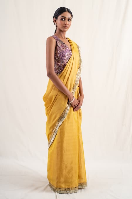 Shop_Priyanka Raajiv_Yellow Silk, Chanderi Tassels Janpath Border Saree With Unstitched Blouse Piece _Online_at_Aza_Fashions