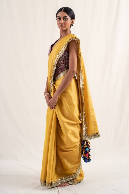 Priyanka Raajiv_Yellow Silk, Chanderi Tassels Janpath Border Saree With Unstitched Blouse Piece _at_Aza_Fashions
