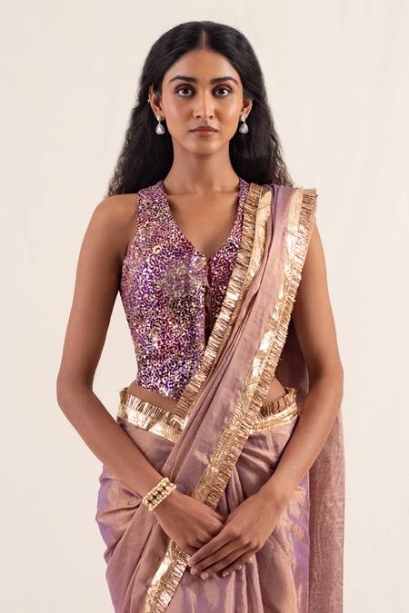 Priyanka Raajiv Purple Silk, Chanderi Janpath Tasseled Border Saree With Unstitched Blouse Piece Online at Aza Fashions Priyanka Raajiv_Purple Silk, Chanderi Janpath Tasseled Border Saree With Unstitched Blouse Piece _Online_at_Aza_Fashions