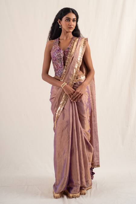 Buy_Priyanka Raajiv_Purple Silk, Chanderi Janpath Tasseled Border Saree With Unstitched Blouse Piece _Online_at_Aza_Fashions