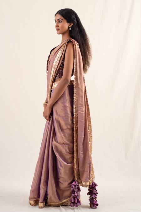 Shop_Priyanka Raajiv_Purple Silk, Chanderi Janpath Tasseled Border Saree With Unstitched Blouse Piece _Online_at_Aza_Fashions