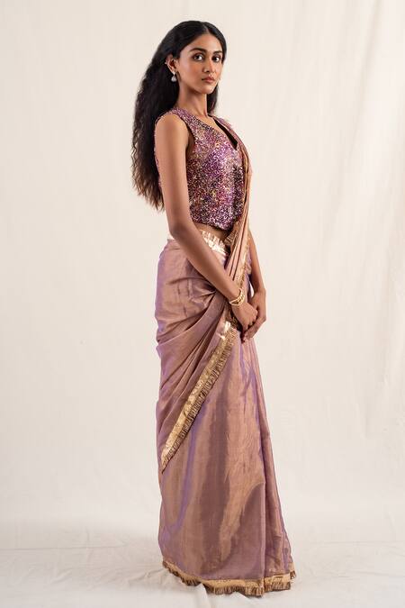 Priyanka Raajiv_Purple Silk, Chanderi Janpath Tasseled Border Saree With Unstitched Blouse Piece _at_Aza_Fashions