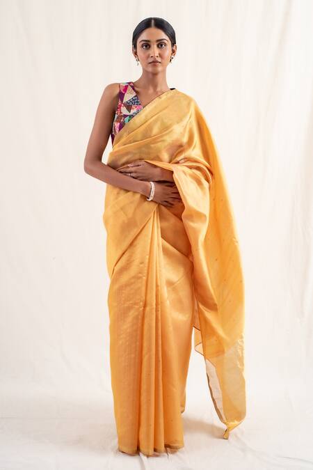 Priyanka Raajiv Orange Silk Chanderi Zari Butti Johri Work Saree With Unstitched Blouse Piece