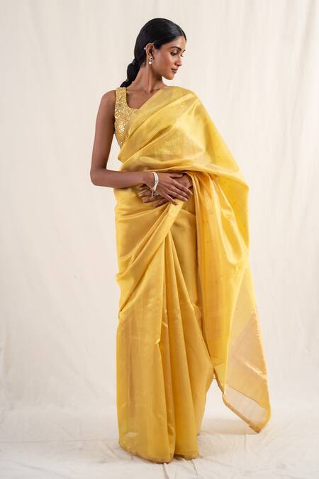 Buy_Priyanka Raajiv_Yellow Silk, Chanderi, Johri Butti Work Saree With Unstitched Blouse Piece _Online_at_Aza_Fashions