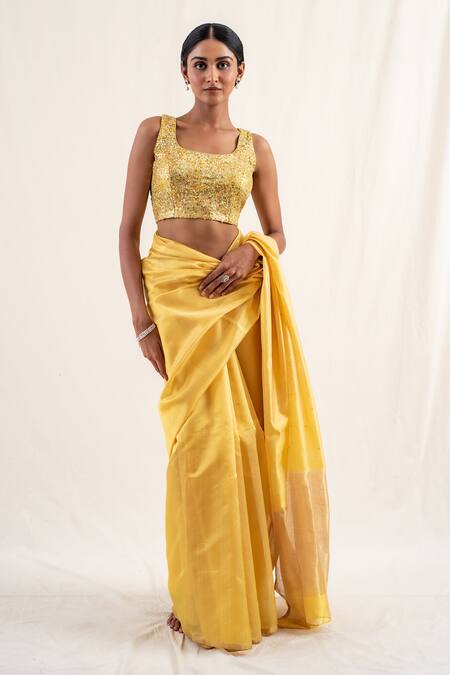 Priyanka Raajiv_Yellow Silk, Chanderi, Johri Butti Work Saree With Unstitched Blouse Piece _at_Aza_Fashions