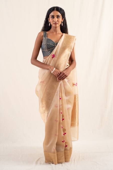 Priyanka Raajiv_Blue Silk Brocade Gota Sweetheart Karol Panelled Blouse _Online_at_Aza_Fashions