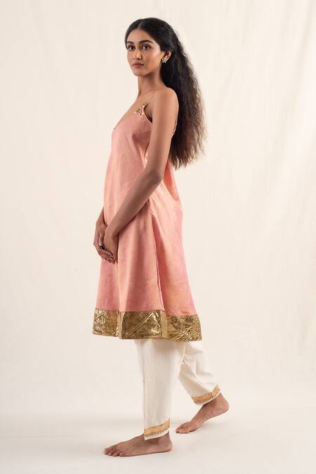 Shop_Priyanka Raajiv_Pink Silk, Chanderi, Cotton Embroidery Scoop Neck Kundan Kurta With Pant _Online_at_Aza_Fashions