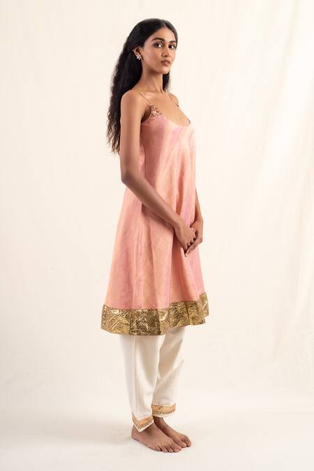 Priyanka Raajiv_Pink Silk, Chanderi, Cotton Embroidery Scoop Neck Kundan Kurta With Pant _at_Aza_Fashions