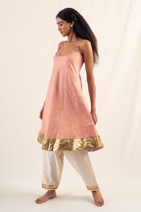 Buy_Priyanka Raajiv_Pink Silk, Chanderi, Cotton Embroidery Scoop Neck Kundan Kurta With Pant 