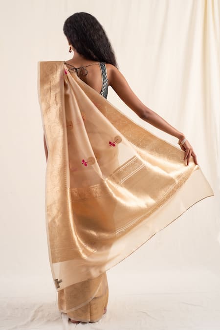 Shop_Priyanka Raajiv_Beige Silk Embroidery Laad Floral Pattern Saree With Unstitched Blouse Piece _at_Aza_Fashions
