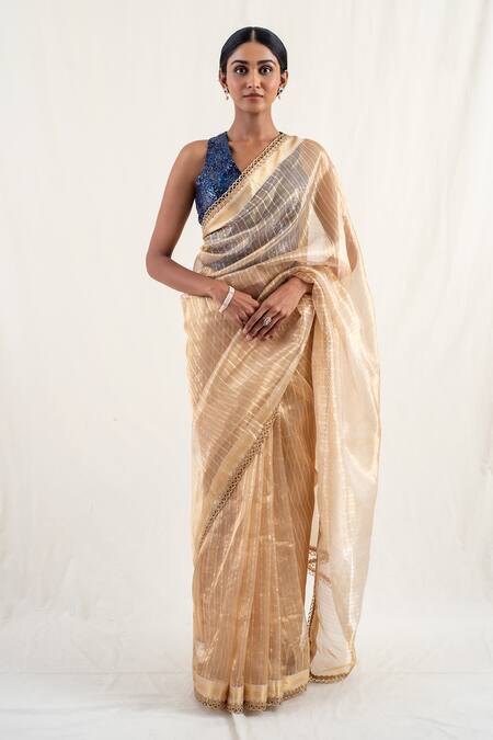Priyanka Raajiv_Gold Silk Sequins, Zari Lakkar Striped Pattern Saree With Unstitched Blouse _Online_at_Aza_Fashions