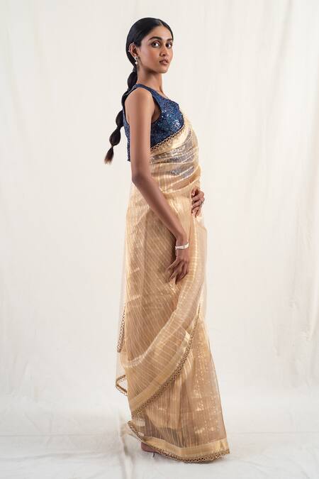 Shop_Priyanka Raajiv_Gold Silk Sequins, Zari Lakkar Striped Pattern Saree With Unstitched Blouse _Online_at_Aza_Fashions