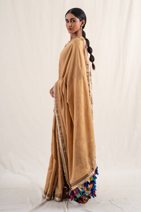 Priyanka Raajiv_Gold Silk, Chanderi Tassels, Meena Border Saree With Unstitched Blouse Piece _Online_at_Aza_Fashions
