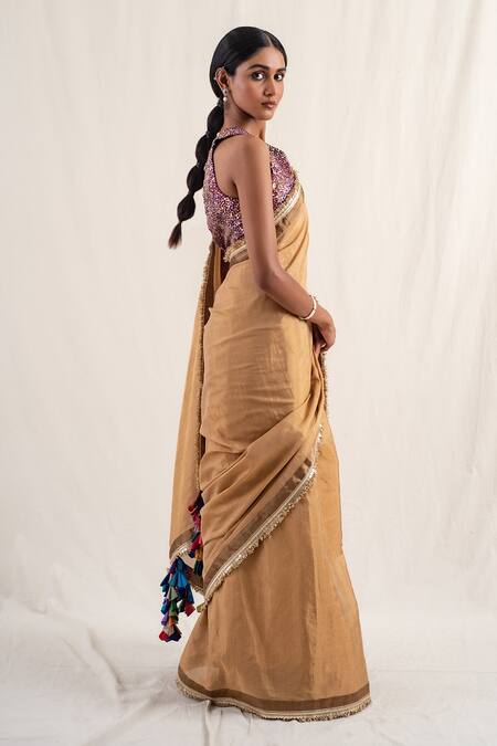 Buy_Priyanka Raajiv_Gold Silk, Chanderi Tassels, Meena Border Saree With Unstitched Blouse Piece _Online_at_Aza_Fashions