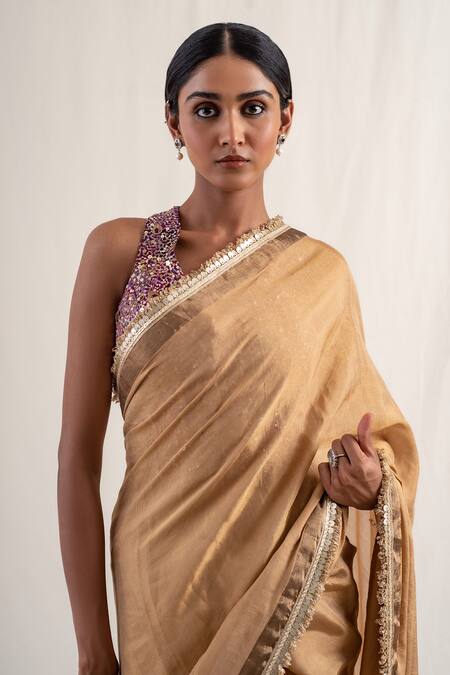 Shop_Priyanka Raajiv_Gold Silk, Chanderi Tassels, Meena Border Saree With Unstitched Blouse Piece _Online_at_Aza_Fashions
