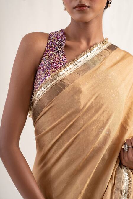 Priyanka Raajiv_Gold Silk, Chanderi Tassels, Meena Border Saree With Unstitched Blouse Piece _at_Aza_Fashions
