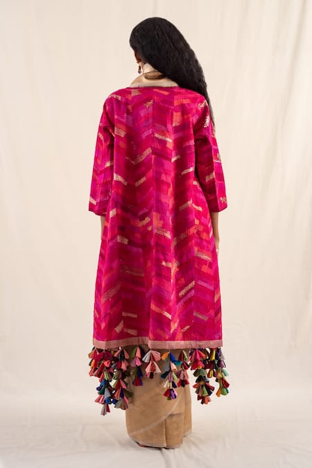 Shop_Priyanka Raajiv_Pink Silk Chikankari Lapel Collar Mela Patchwork Embroidered Jacket _at_Aza_Fashions
