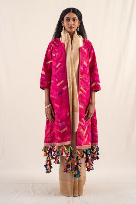 Buy_Priyanka Raajiv_Pink Silk Chikankari Lapel Collar Mela Patchwork Embroidered Jacket _Online_at_Aza_Fashions