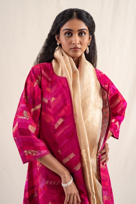 Shop_Priyanka Raajiv_Pink Silk Chikankari Lapel Collar Mela Patchwork Embroidered Jacket _Online_at_Aza_Fashions