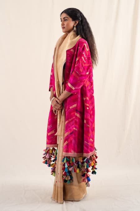 Priyanka Raajiv_Pink Silk Chikankari Lapel Collar Mela Patchwork Embroidered Jacket _at_Aza_Fashions