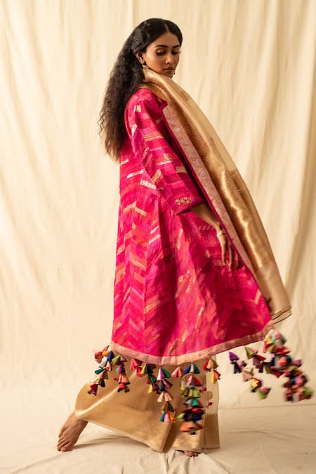 Shop_Priyanka Raajiv_Pink Silk Chikankari Lapel Collar Mela Patchwork Embroidered Jacket 