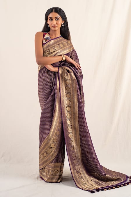 Priyanka Raajiv Purple Silk Banarasi Floral Palika Pattern Saree With Unstitched Blouse Piece