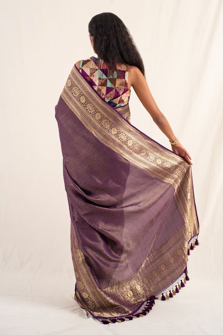 Shop_Priyanka Raajiv_Purple Silk, Brocade Palika Floral Pattern Saree With Unstitched Blouse Piece _at_Aza_Fashions