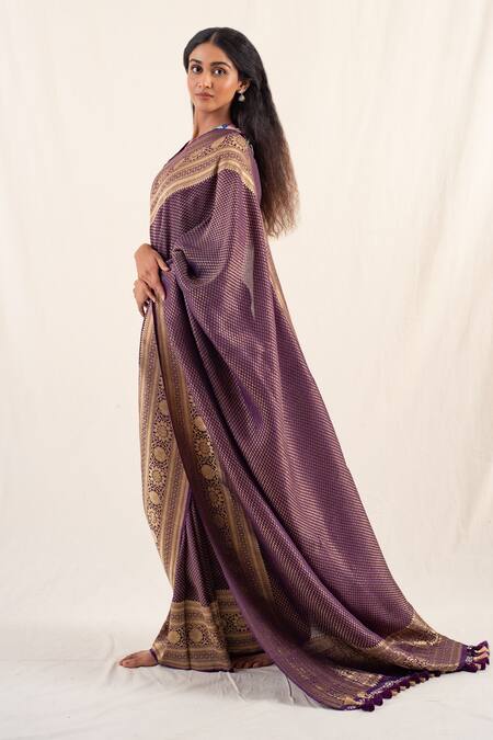 Priyanka Raajiv_Purple Silk, Brocade Palika Floral Pattern Saree With Unstitched Blouse Piece _Online_at_Aza_Fashions