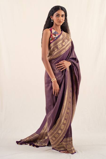 Buy_Priyanka Raajiv_Purple Silk, Brocade Palika Floral Pattern Saree With Unstitched Blouse Piece _Online_at_Aza_Fashions