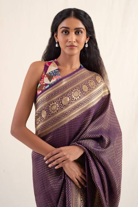 Shop_Priyanka Raajiv_Purple Silk, Brocade Palika Floral Pattern Saree With Unstitched Blouse Piece _Online_at_Aza_Fashions