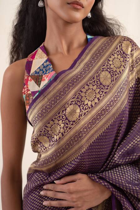 Priyanka Raajiv_Purple Silk, Brocade Palika Floral Pattern Saree With Unstitched Blouse Piece _at_Aza_Fashions