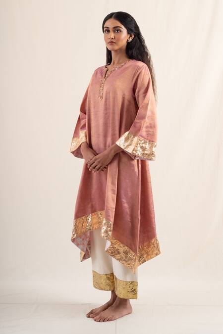 Buy_Priyanka Raajiv_Pink Silk, Chanderi Lace Split V-neck Rangrez Assymetrical Kurta With Pant _Online_at_Aza_Fashions