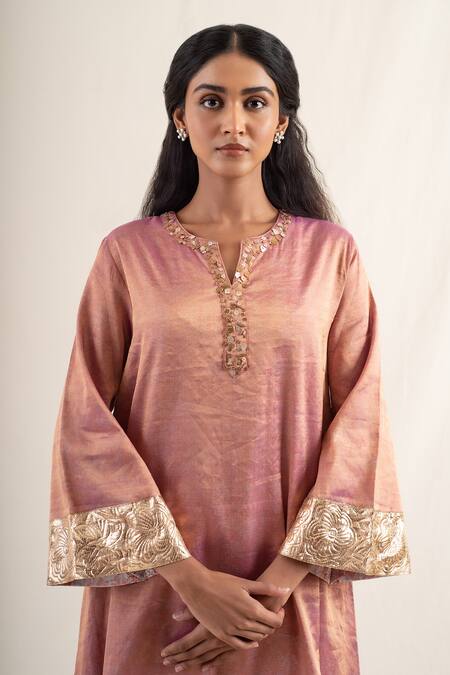 Shop_Priyanka Raajiv_Pink Silk, Chanderi Lace Split V-neck Rangrez Assymetrical Kurta With Pant _Online_at_Aza_Fashions