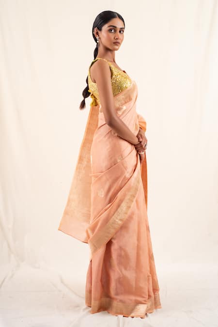 Priyanka Raajiv_Peach Silk Embroidery Rena Geometric Pattern Saree With Unstitched Blouse _Online_at_Aza_Fashions