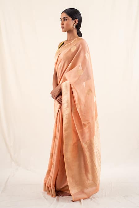 Buy_Priyanka Raajiv_Peach Silk Embroidery Rena Geometric Pattern Saree With Unstitched Blouse _Online_at_Aza_Fashions