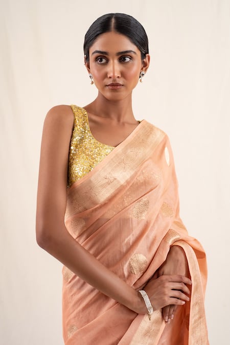 Shop_Priyanka Raajiv_Peach Silk Embroidery Rena Geometric Pattern Saree With Unstitched Blouse _Online_at_Aza_Fashions