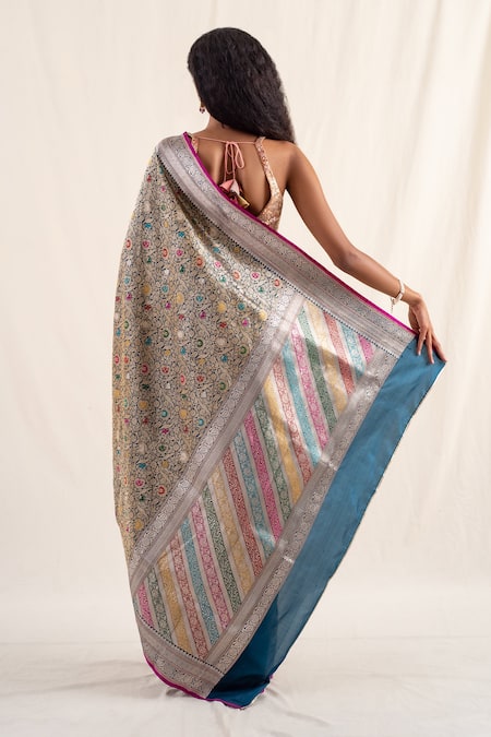 Shop_Priyanka Raajiv_Blue Silk, Brocade Rythu Floral Pattern Saree With Unstitched Blouse Piece _at_Aza_Fashions