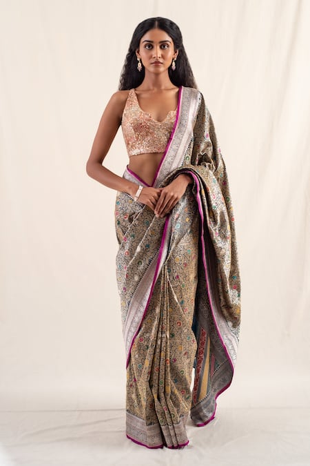 Priyanka Raajiv_Blue Silk, Brocade Rythu Floral Pattern Saree With Unstitched Blouse Piece _Online_at_Aza_Fashions