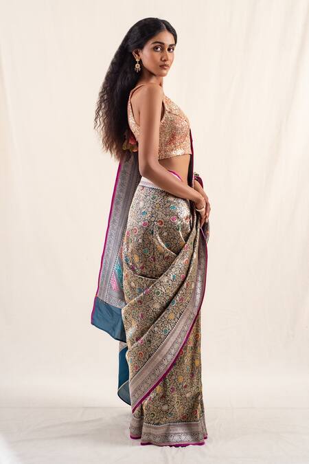 Buy_Priyanka Raajiv_Blue Silk, Brocade Rythu Floral Pattern Saree With Unstitched Blouse Piece _Online_at_Aza_Fashions