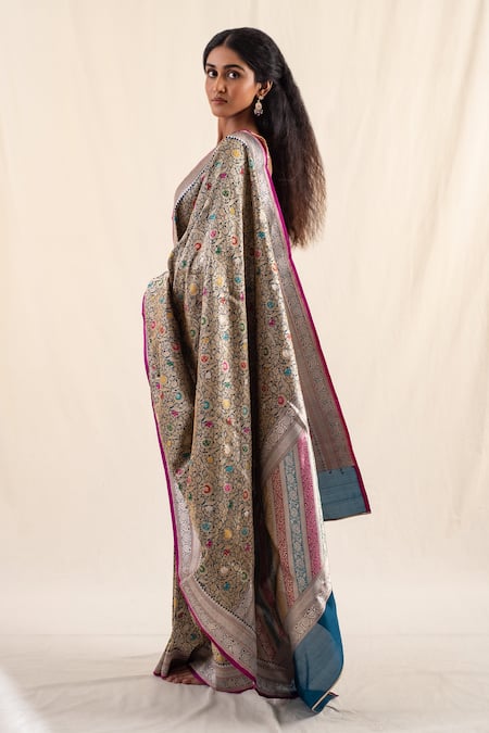 Shop_Priyanka Raajiv_Blue Silk, Brocade Rythu Floral Pattern Saree With Unstitched Blouse Piece _Online_at_Aza_Fashions