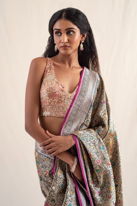 Priyanka Raajiv_Blue Silk, Brocade Rythu Floral Pattern Saree With Unstitched Blouse Piece _at_Aza_Fashions