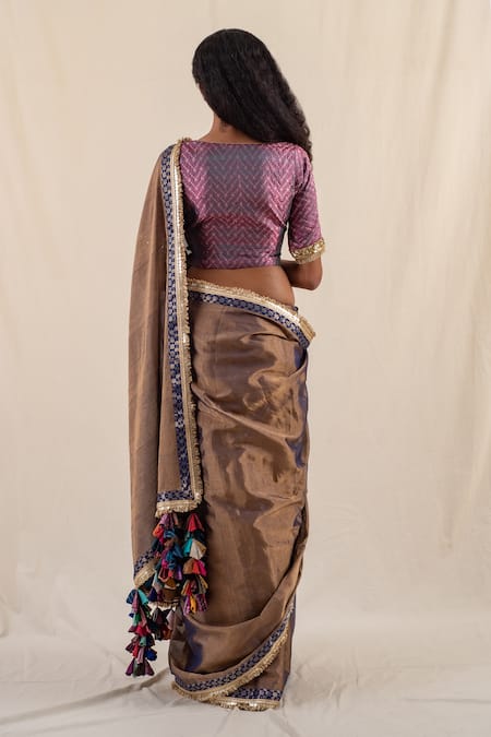 Priyanka Raajiv_Purple Silk, Chanderi Tassels Saaj Border Saree With Unstitched Blouse Piece _Online_at_Aza_Fashions