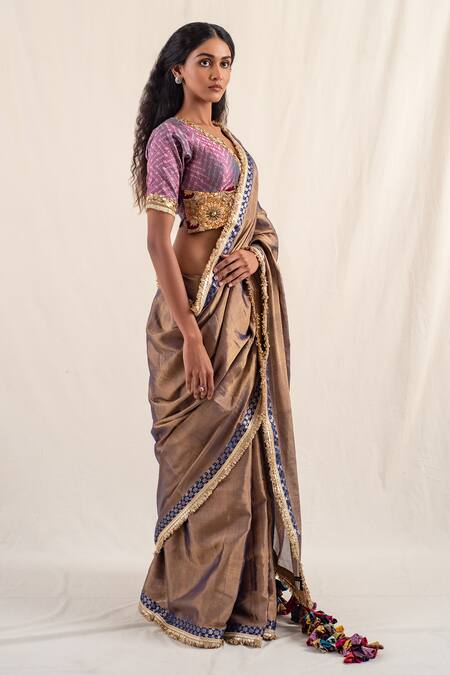 Buy_Priyanka Raajiv_Purple Silk, Chanderi Tassels Saaj Border Saree With Unstitched Blouse Piece _Online_at_Aza_Fashions